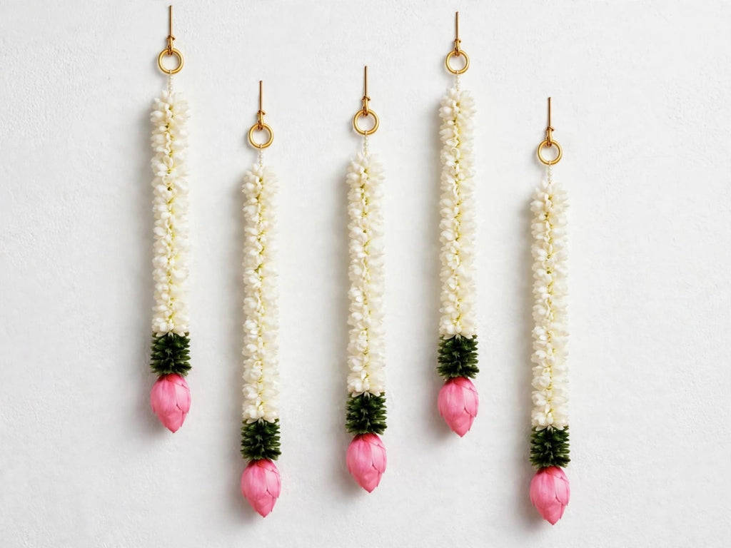 Mogra Lotus Ladi - Set of 5 White Flower Hanging for Home Temple & Entrance Decor -