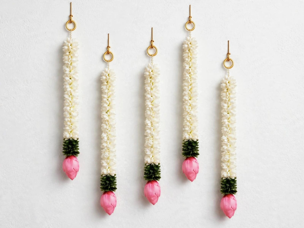 Mogra Lotus Ladi - Set of 5 White Flower Hanging for Home Temple & Entrance Decor -