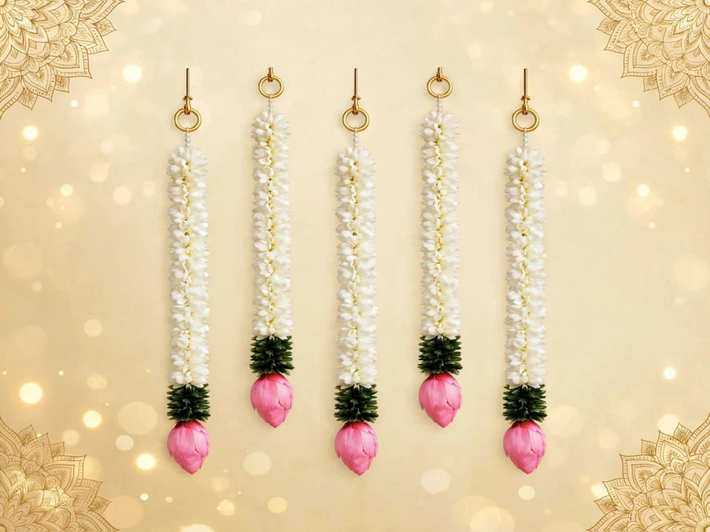 Mogra Lotus Ladi - Set of 5 White Flower Hanging for Home Temple & Entrance Decor -