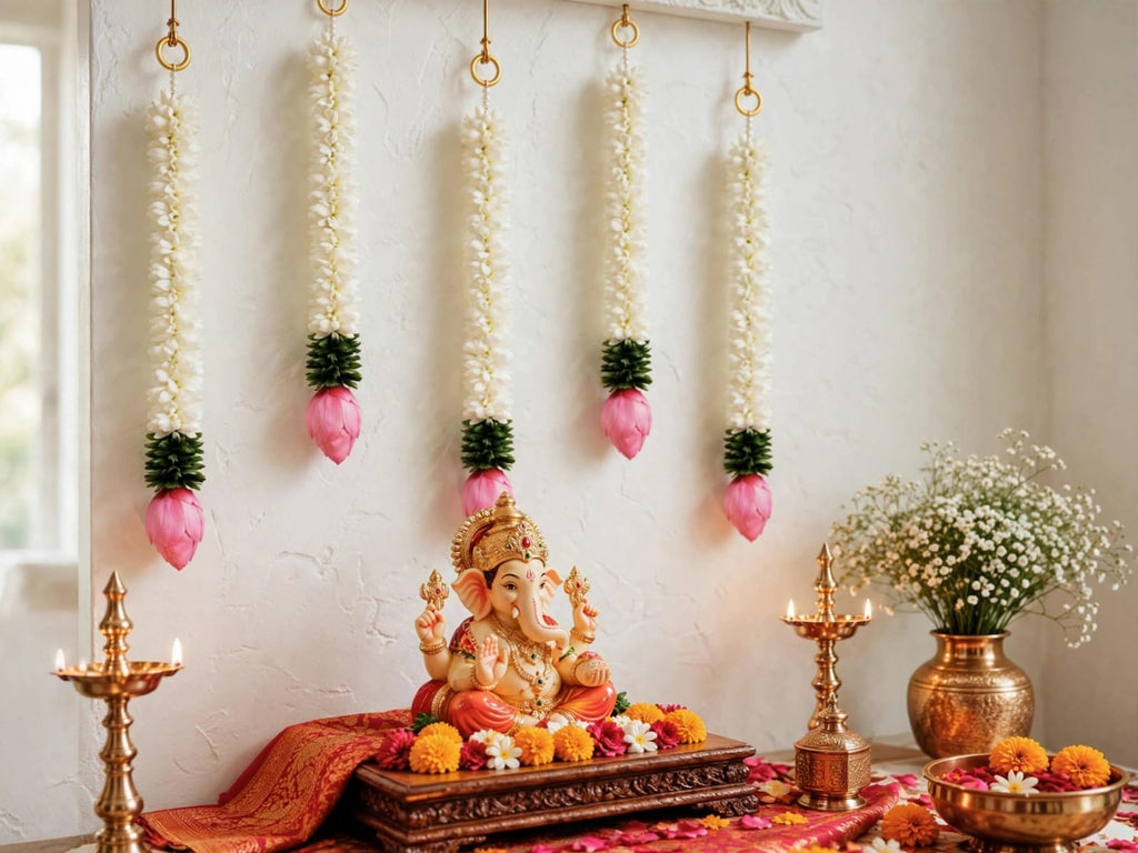 Mogra Lotus Ladi - Set of 5 White Flower Hanging for Home Temple & Entrance Decor -