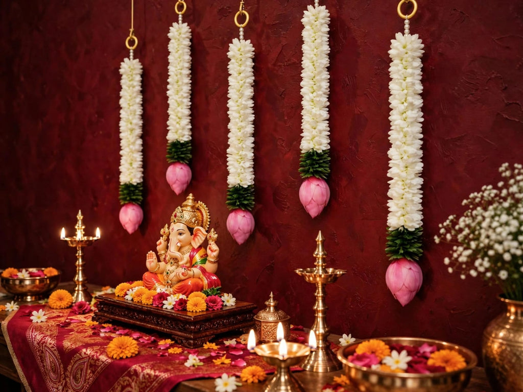 Mogra Lotus Ladi - Set of 5 White Flower Hanging for Home Temple & Entrance Decor -