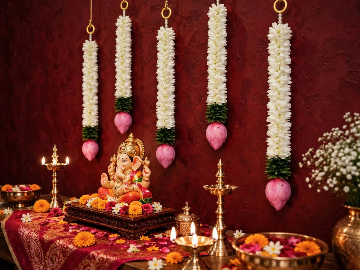 Mogra Lotus Ladi - Set of 5 White Flower Hanging for Home Temple & Entrance Decor -