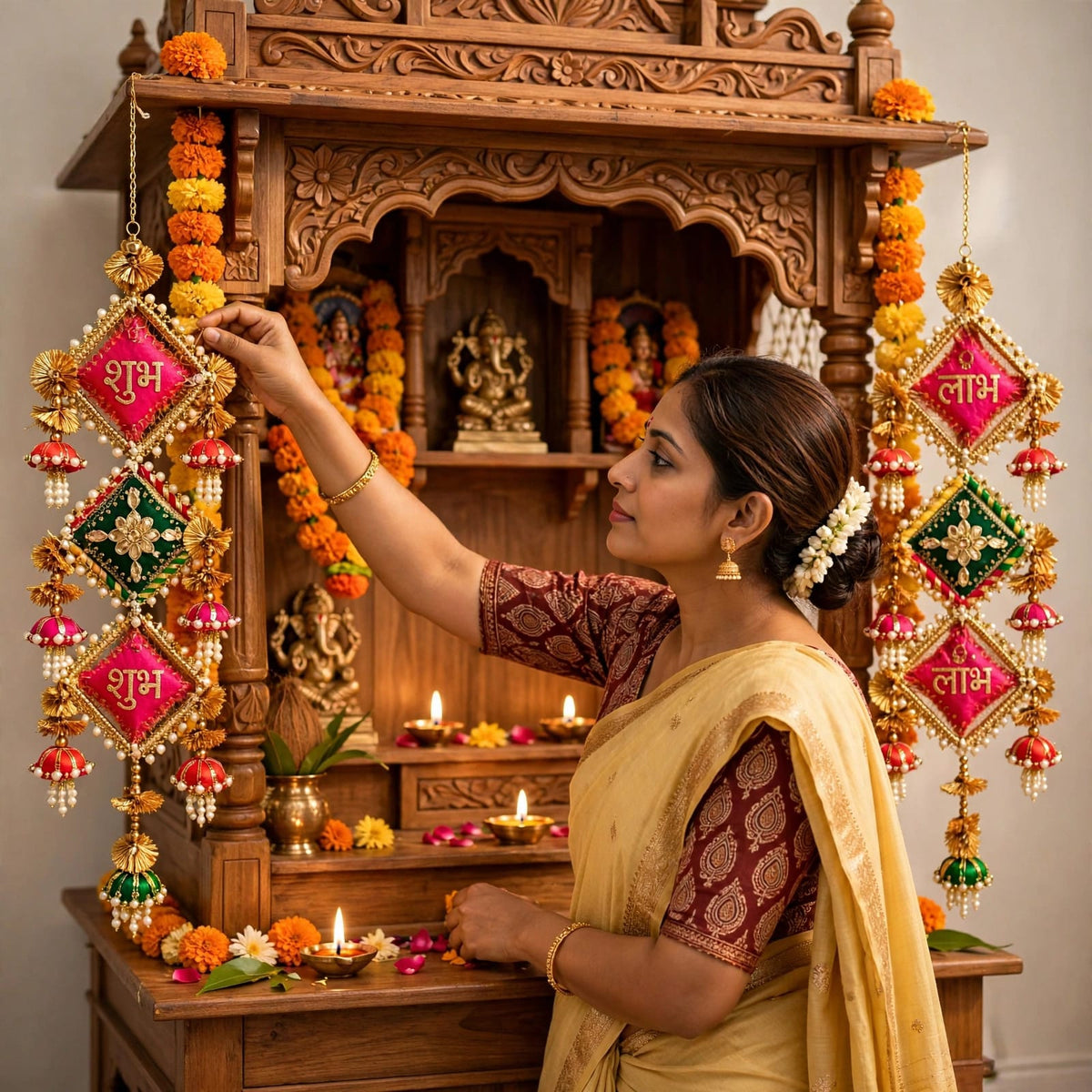 Handmade Shubh Labh Hanging Latkan - Traditional Rajasthani Door Decor for Diwali & Housewarming - Pack of 2