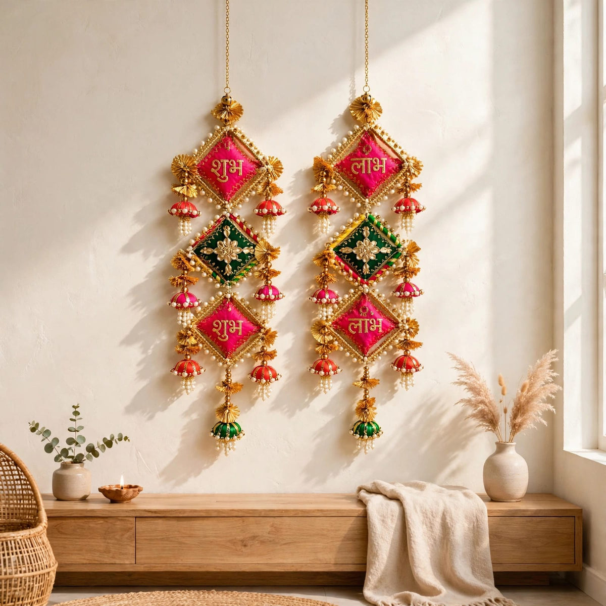 Handmade Shubh Labh Hanging Latkan - Traditional Rajasthani Door Decor for Diwali & Housewarming - Pack of 2