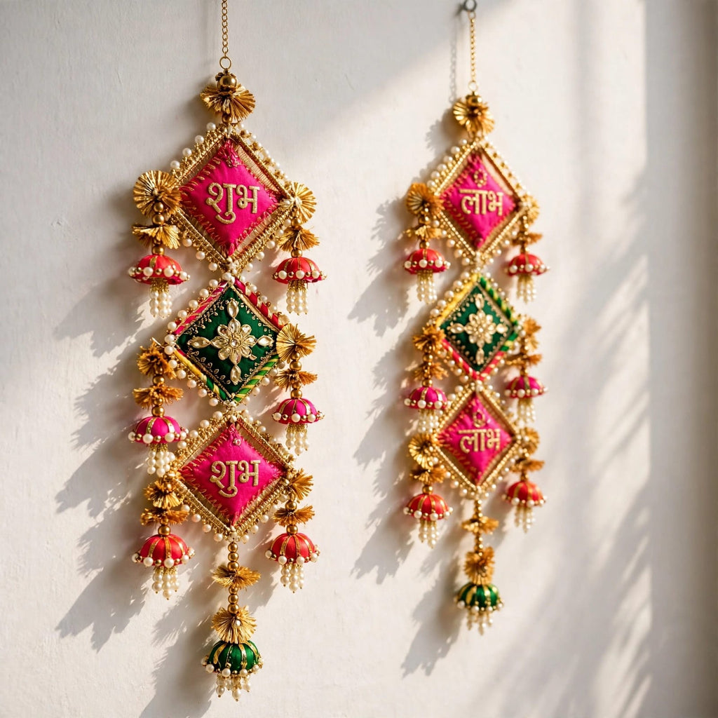 Handmade Shubh Labh Hanging Latkan - Traditional Rajasthani Door Decor for Diwali & Housewarming - Pack of 2