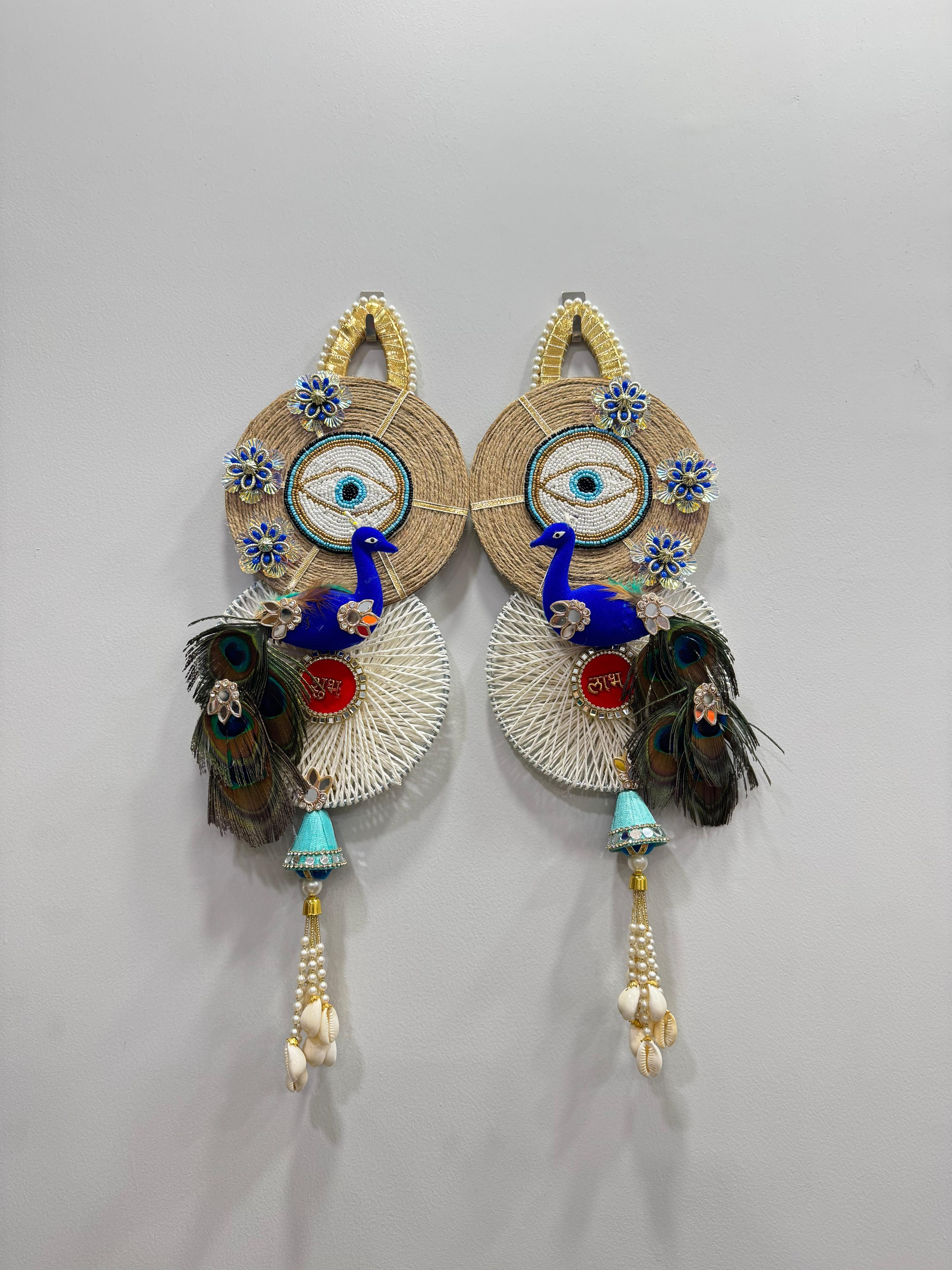 Peacock Shubh Labh With Evil Eye Door Hanging (Set of 2)